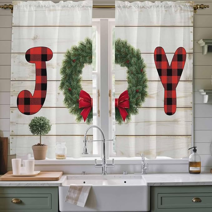Christmas Wreaths Window Curtains 63 Inch Long 2 Panel Set, Rod Pocket Bedroom by Unknown