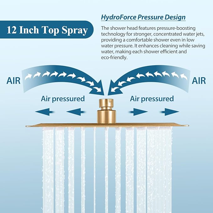 12 inch Square Shower Head and Handheld Set, Gasecoet Shower System with Tub Spout Wall Mounted Shower Faucet for Bathroom - Brushed Gold (With Shower Valve)