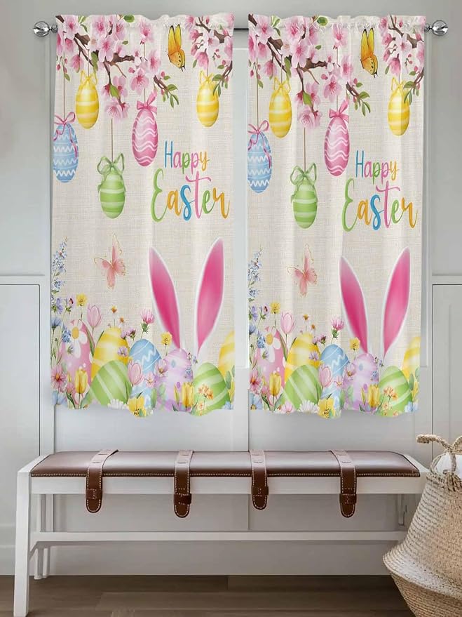 Happy Easter Bedroom Curtains 63 Inches length, Spring Farmhouse Bunny Eggs - Image 4
