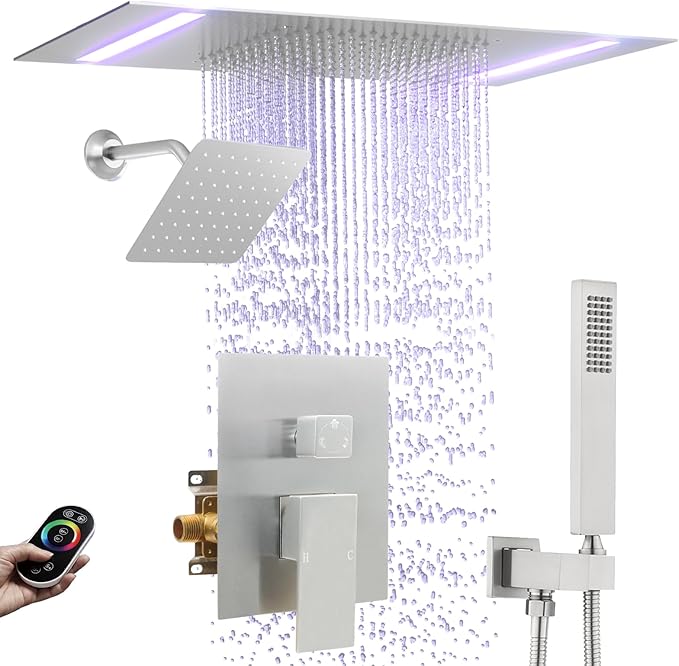 Rain Shower Head System with 14x20 Inch Ceiling Mount LED Head & 6 Inch Wall Head and Handheld Shower 3 Way Pressure Balance Valve Kit,Brushed Nickel