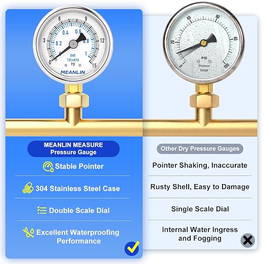 MEANLIN MEASURE 0~15Psi Dry Low Pressure Gauge Stainless Steel 1/" NPT 2" FACE - Image 5
