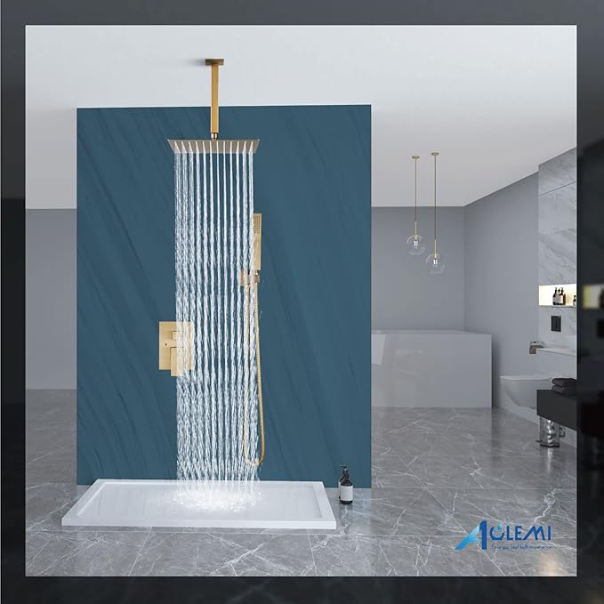 Aolemi Ceiling Mount Shower System Rain Shower Head with Handheld Spray High Pressure Shower Faucet Set Rough-in Valve Shower Trim Kit Included Bathroom Brushed Gold 10 Inch Ceiling Shower Head