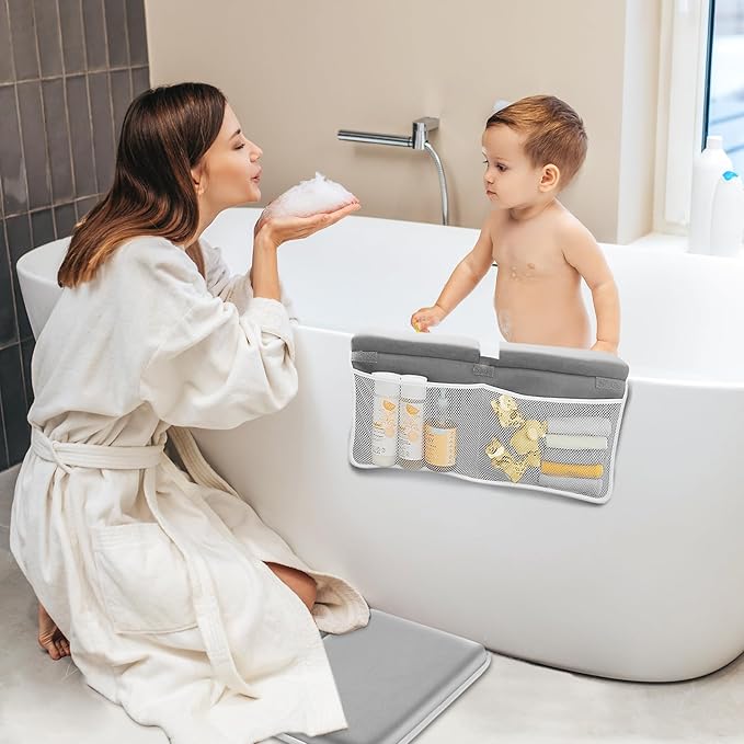 KJR Bath Kneeler and Elbow Rest Pad Set for Baby Bathing, Thick Quick Drying Memory Foam Kneeling Mat with Toy Organizer Pockets, Comfortable Non Slip Bathtub Knee Saver Support for Knees, Arms（Gray）
