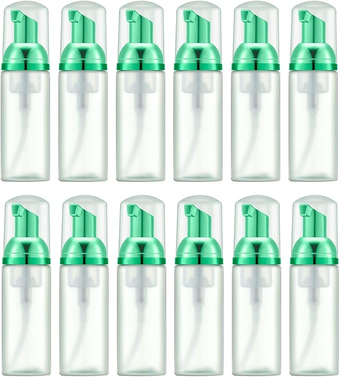 Lil Ray 2 Oz Empty Frosted Green Foam Pump Bottle, Travel Foamer Soap Dispenser for Lash Shampoo, Hand Soap, Foaming Cleaner(Green Pump, 12 PCS)