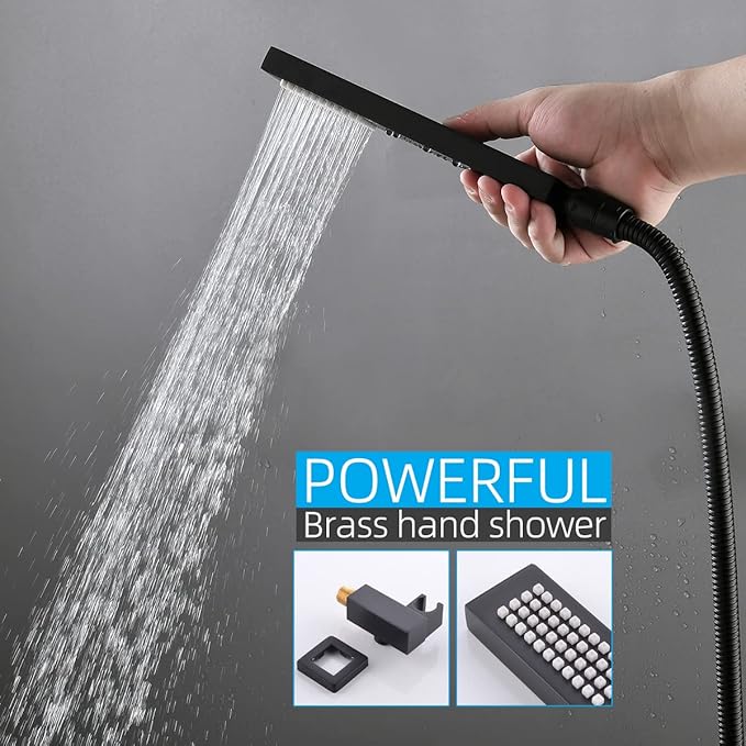 Matte Black Full Body Rain Shower System 16 Inch Ceiling Mount Dual Function Shower Faucet System Set with Overhead Rainfall Shower and Handheld Spray, Pressure Balance Valve Kit and Trim