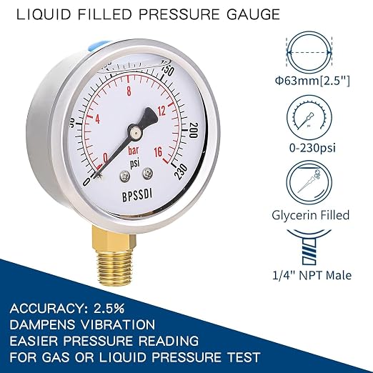 0-230 Psi Glycerin Liquid Filled Pressure Gauge, 2.5" Dial Size, 1/4" NPT Lower - Image 2