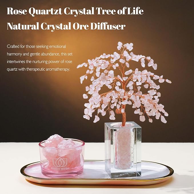 Runyangshi Rose Quartzt Crystal Tree of Life Natural Crystal Ore Diffuser Set - Image 4