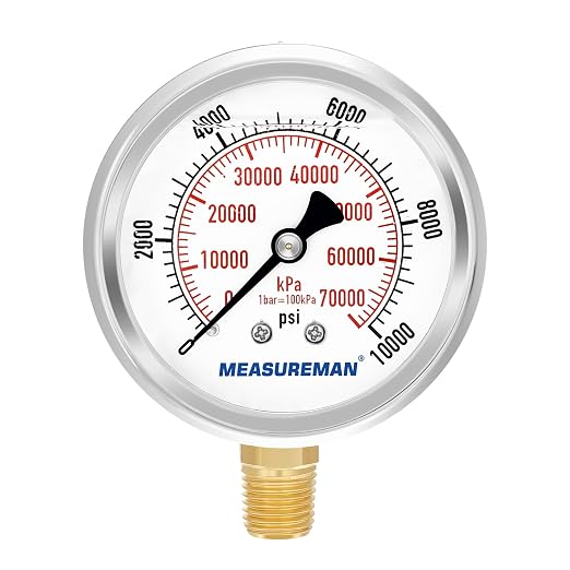 MEASUREMAN 2-1/2" Dial Size, Glycerin Filled Pressure Gauge, 0-10000psi/kpa by MEASUREMAN