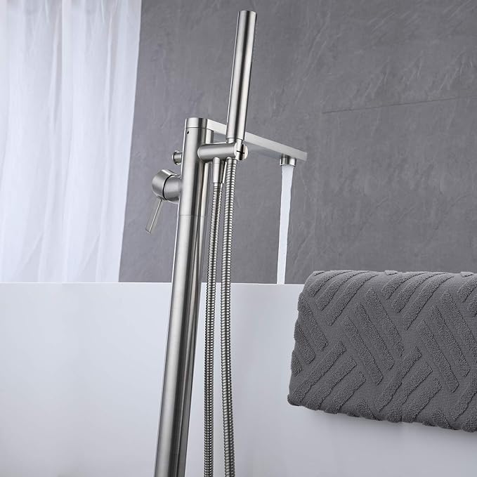Freestanding Bathtub Faucet Tub Filler Brushed Nickel Floor Mount Brass Single Handle Bathroom Faucets with Hand Shower