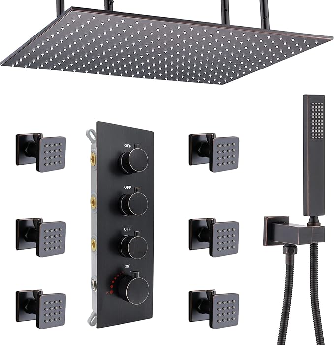 16x32 Inches Bathroom Shower System Ceiling Mount Thermostatic Luxury Rain Shower With 6 On/Off Body Jets and Handheld Shower Faucet Set Full Body Massage Shower Mixer Combo Set Oil Rubbed Bronze