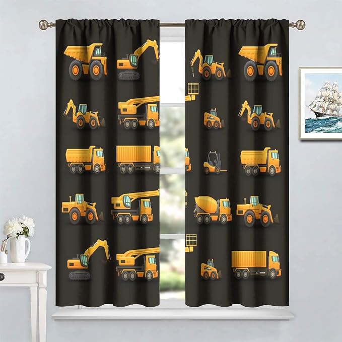 Kids Construction Window Curtains, Construction Machinery Equipment Mode of - Image 2