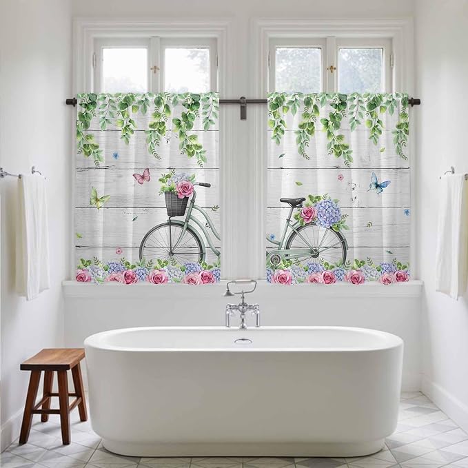Spring Tier Curtains, Bicycles Botanical Rose Leaves Butterfly Wood Grain Light - Image 5