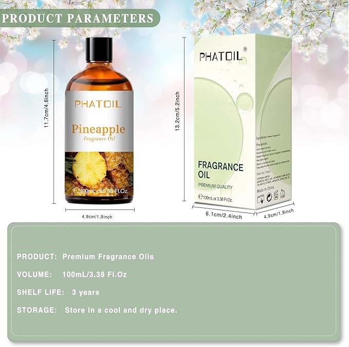 PHATOIL 3.38FL.OZ Pineapple Fragrance Oils for Aromatherapy, Essential Oils for Diffusers for Home, Perfect for Diffuser, Yoga, Skin Care, DIY Candle and Soap Making - 100ml