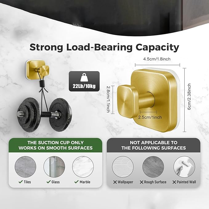 4Pcs Square Suction Cup Hook, 304 Stainless Steel Shower Hook, Removable Suction Cup Knob for Shower, Bathroom, Kitchen, Glass Door, Mirror (Gold)