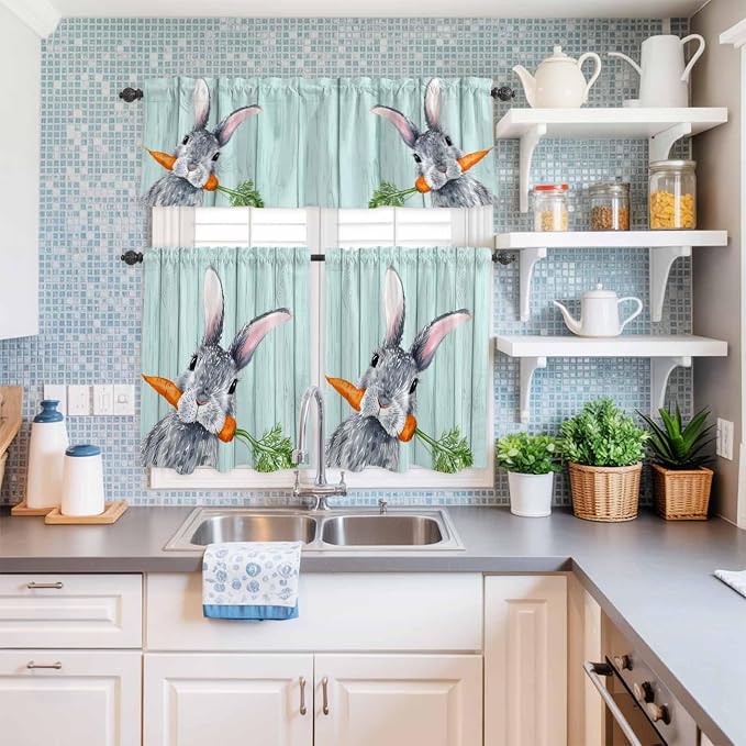 Easter Kitchen Curtain Set, Spring Rabbit Botanical Carrots Green Wooden Grain - Image 6