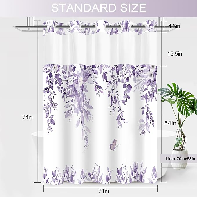 No Hook Shower Curtain and Liner Set, Light Purple Eucalyptus Floral Shower Curtains for Bathroom, Bath Curtain Sets with Snap in Liner, Waterproof with See Through Top Window, 71x74 Inches