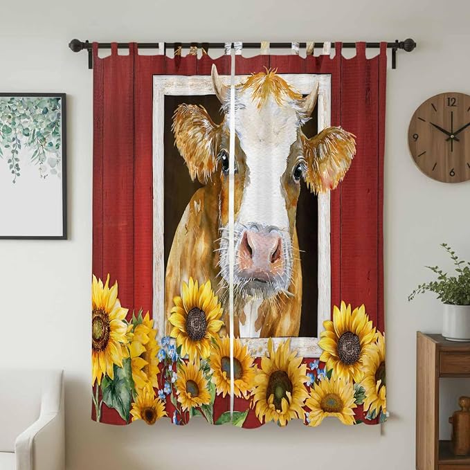 Cows Sunflowers Living Room Curtains 84 Inch Length, Window Curtains Tab Top - Image 2
