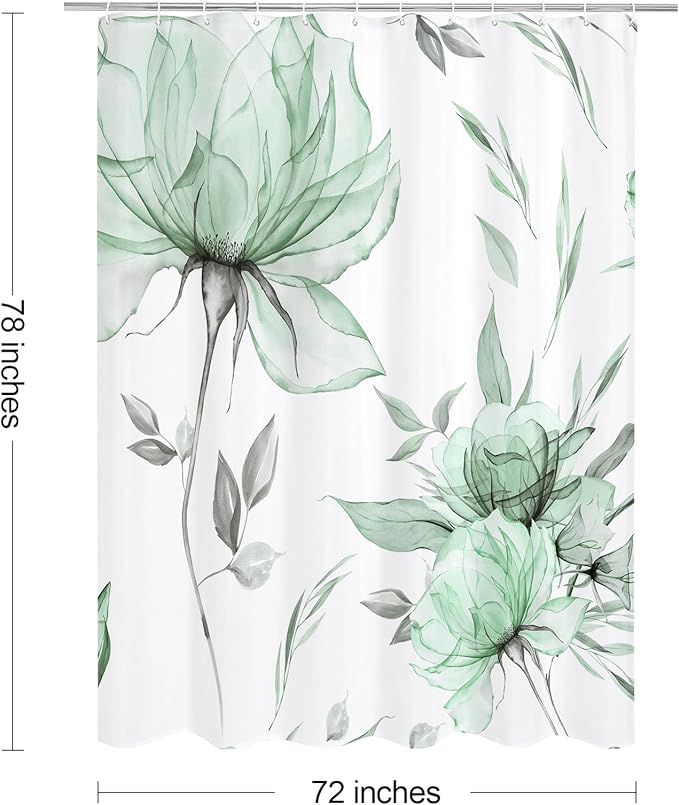 Long Boho Watercolor Floral Shower Curtain 72 x 78, Green and Grey Ink Painting Style Flower Shower Curtains for Chic Elegant Bathroom, Artistic 78 Inch Long Fabric Shower Curtain