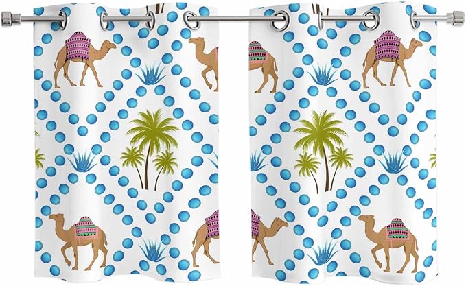 2 Panel Kitchen Cafe Curtains, Camels Palm Trees Sunlight Filtering Nature Air by Hokiten
