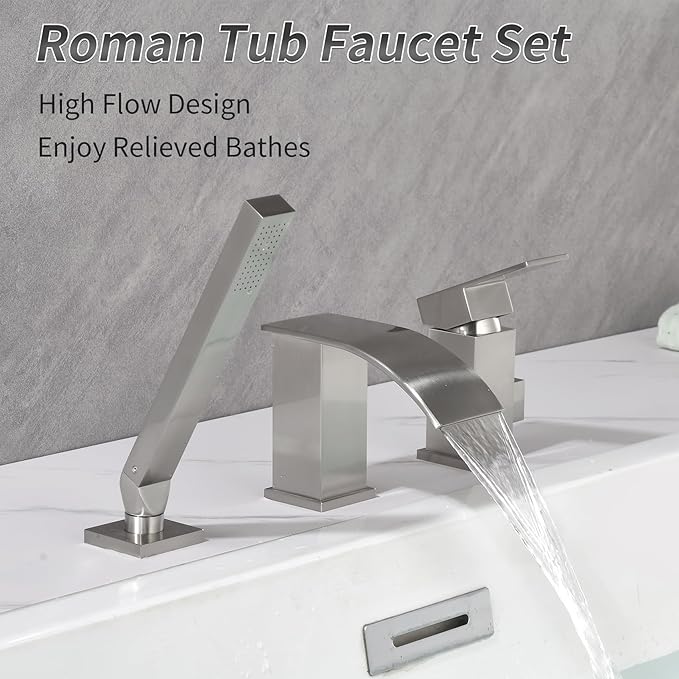 TapLong Waterfall Roman Tub Faucet with Hand Shower, Deck Mount 3 Hole Bathtub Faucet Set High Flow Bath Tub Faucet Set Deck Mount Solid Brass, Brushed Nickel,03766BN