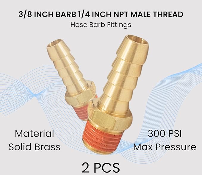 2 Pack Brass Air Hose Barb Fittings Adapter Set, 3/8 Inch Barb to 1/4 Inch NPT - Image 3