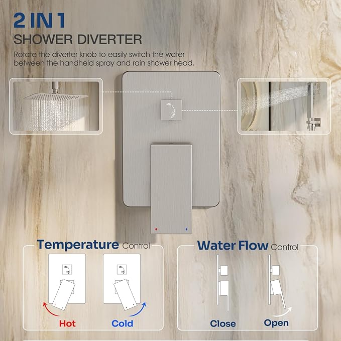 Ceiling Mount Shower Faucet Set, Shower System with 10-Inch Rain Showerhead and Handheld Spray Combo, High-Pressure Showerheads Set with Valve and Trim Kit, Brushed Nickel
