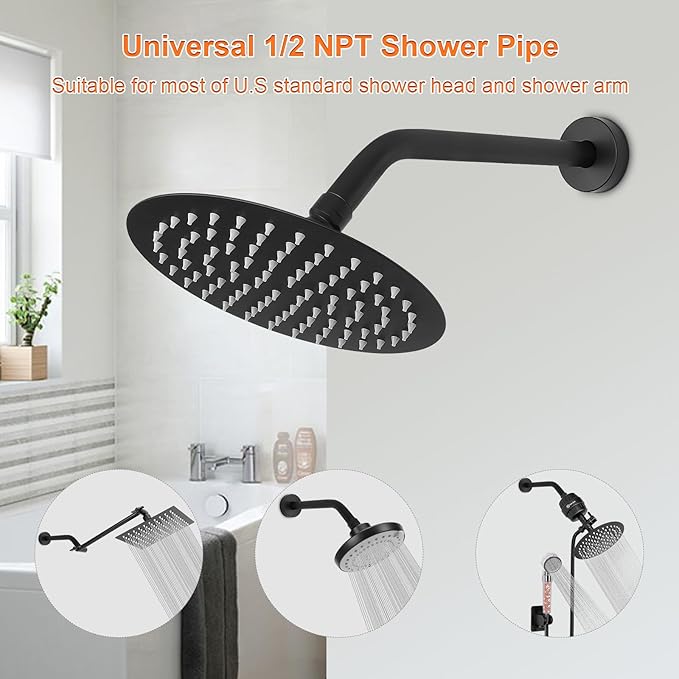 HarJue Shower Arm with Flange and Teflon Tape, Wall Mounted Shower Pipe 304 Stainless Steel Extension Arm for Fixed Shower Head & Handheld (12 Inches, Matte Black)