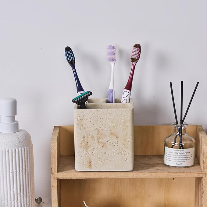 Natural Travertine Textures Toothbrush Holders for Bathroom, Electric Toothbrush and Toothpaste Holder 3 Slots Tooth Brush Organizer for Bathroom Countertop, Shower, Vanity