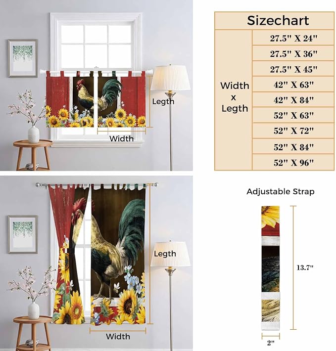 Chicken Sunflowers Kitchen Curtains 36 Inch Length, Small Window Curtains Tab - Image 8