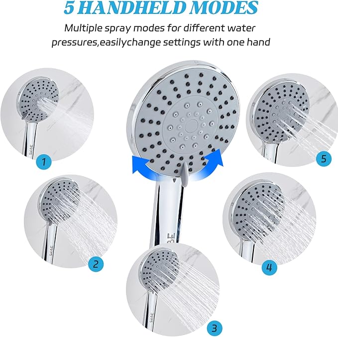 Shower Head 8'' High Pressure Rainfall, Handheld Shower Combo with 11'' Extension Arm, 5 Spray, Anti-leak Luxury Premium Quality, Shower Head with Handheld Spray Combo, Polished Chrome
