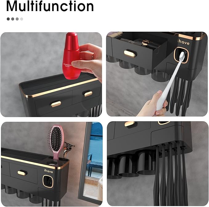 iHave Toothbrush Holders for Bathrooms - Upgrade Wall Mounted Toothbrush Holder with Toothpaste Dispenser - 4 Cups, Large Capacity Tray, 2 Cosmetic Drawer - Bathroom Organizers and Storage