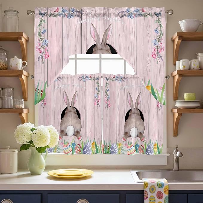 Swag Valance Curtains, Easter Cute Rabbit and Colorful Eggs Rod Pocket Valances by Chees+D+Zone
