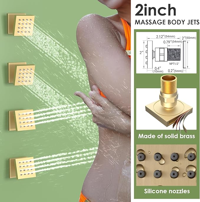 Enga Brushed Gold Rain Shower System with 4 Body Shower Jets 12inch Ceiling Mount Rainfall Shower Head & Handheld, Multi Shower Head System Rain Shower Faucets sets Combo with Rough-in Valve