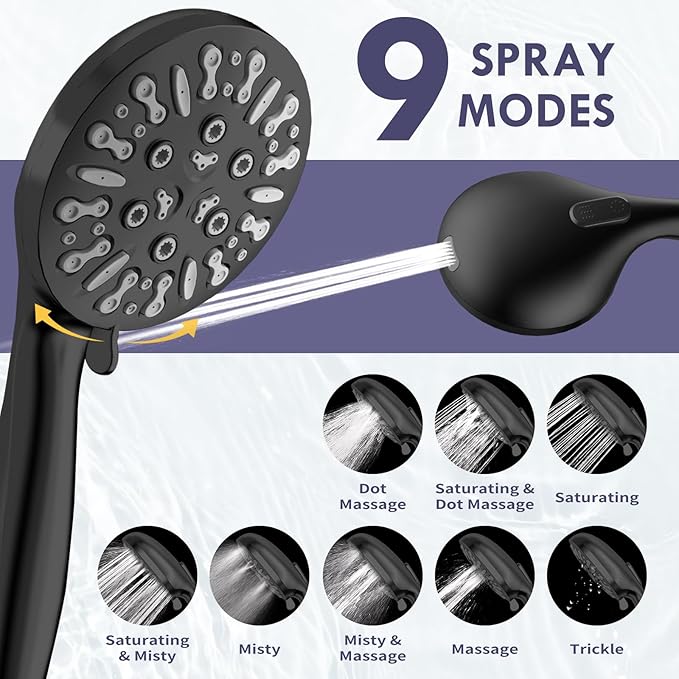 HOWUWEY Dual Shower Heads with Handheld Spray Combo, 7.5" High Pressure Rainfall Showerhead, Double Shower Heads with Handheld Spray, 9 Modes Hand Showerhead with 79" Hose (Standard, Matte Black)