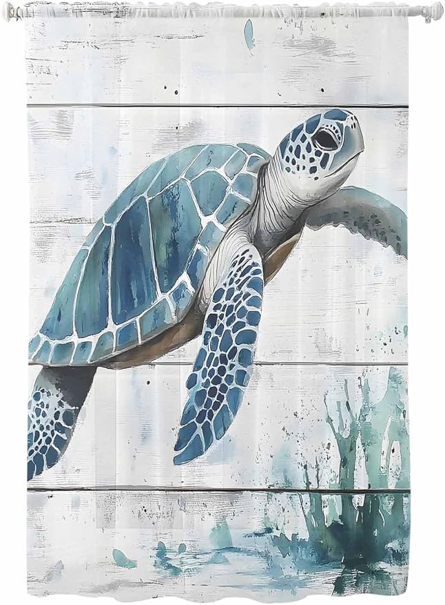 Sheer Curtains 63 Inch Length, Teal Green Sea Turtle Semi Sheer Curtains Light by Unknown