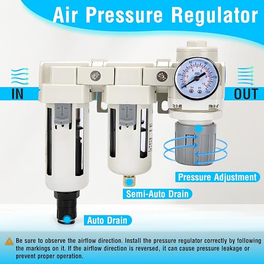 Air Pressure Regulator 3/8 NPT Auto Drain and Semi-Auto Drain Double Air Filters - Image 2