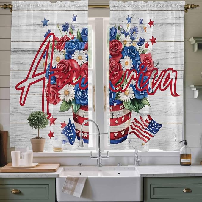 Independence Day Window Curtains 63 Inch Long 2 Panel Set, Rod Pocket Bedroom by Unknown