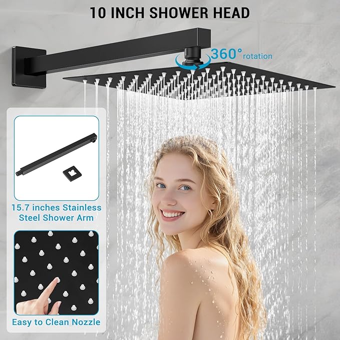 Shower Faucet set with Shower head, Wall Mount 10 Inch Square Rainfall Shower Head and Handle Set Single Handle Shower System Set with Female Threads Valve Body and Trim Included(Matte Black)