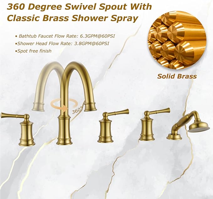 Roman Tub Faucet with Hand Shower, Antique Tub Shower Faucet Set with Valve for 5 Hole, Deck Mount Shower Tub Faucet Set，3 Handle Bath Tub Faucet High Flow, Brushed Gold(B2309-BG)