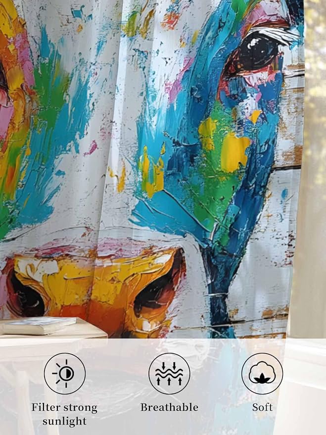 Sheer Curtains 108 Inches Long, Funny Colorful Cow Semi Sheer Curtains Light - Image 6
