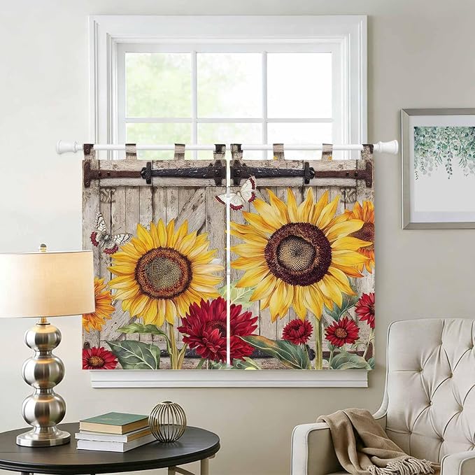 Sunflowers Bedroom Curtains 63 Inch Length, Window Curtains Tab Top, Retro - Image 2