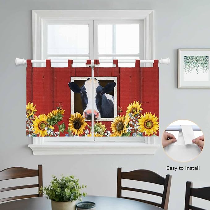Cow Sunflowers Kitchen Curtains 24 Inch Length, Small Window Curtains Tab Top - Image 4