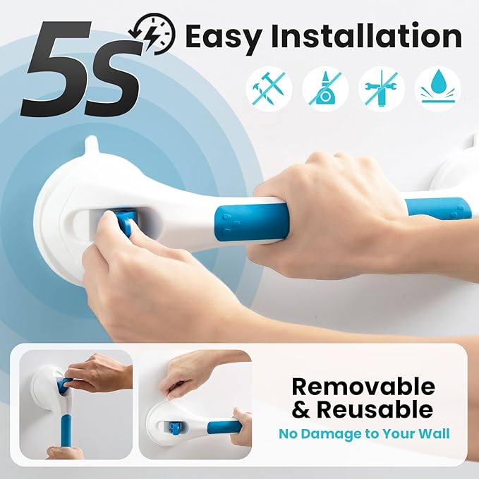 TAILI Shower Grab Bar Glow in The Dark, 16.8 in Grab Bars for Bathtubs, Shower Handles Bath Rails for Seniors and Elderly, Bathroom Safety Grip Removable No Drilling Waterproof Blue