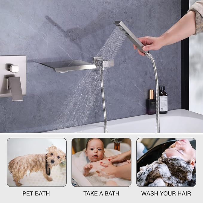 Taplong Wall Mount Tub Faucet with Waterfall Tub Spout Wall Mounted Bathtub Faucet with Handheld Shower Single Handle Tub Filler, Shower Faucet Set with Rough-In Valve, Brushed Nickel,91266BN