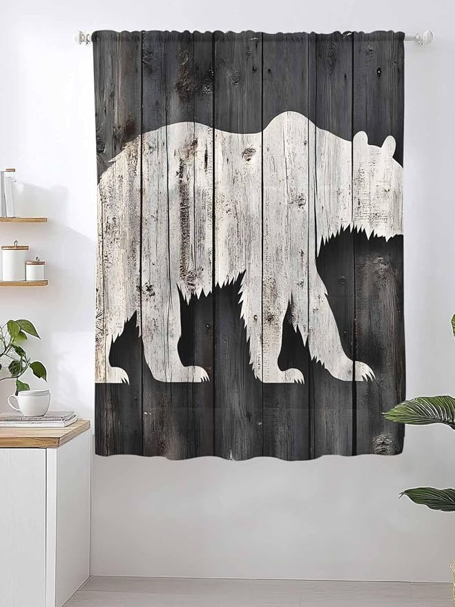 Sheer Curtains 63 Inch Length, Farmhouse Country Rustic Wooden Grain Privacy - Image 2