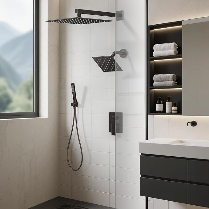 Shower Faucet Set, Wall Mount Shower System 12 and 6 Inch Dual Shower Head Set with 2 in 1 Handheld Spray Rain Shower Faucet with Rough-in Valve and Shower Trim Kit, Oil Rubbed Bronze