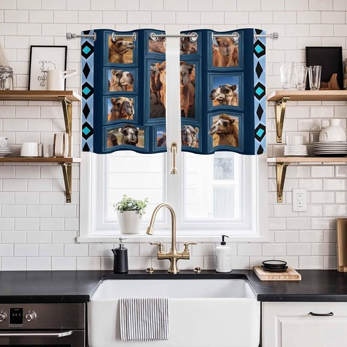 2 Panel Kitchen Cafe Curtains, Desert Camels Sunlight Filtering Nature Air - Image 2