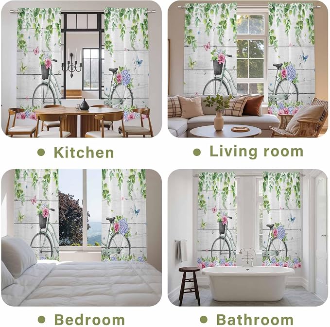 Spring Kitchen Curtains, Bicycles Botanical Rose Leaves Butterfly Wood Grain - Image 8