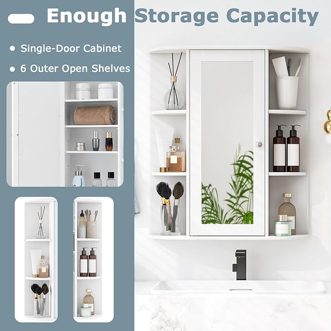 COSTWAY Wall Mounted Bathroom Cabinet, Storage Organizer with Mirror Door, 3 Adjustable Shelves & 6 Open Racks, Space-Saving Hanging Medicine Cabinet for Living Room Kitchen Entryway, White
