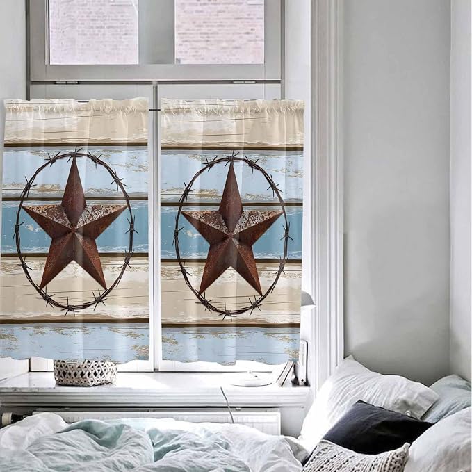 Vintage Western Star on Wood Grain Window Valance Curtains, Retro Wooden - Image 7